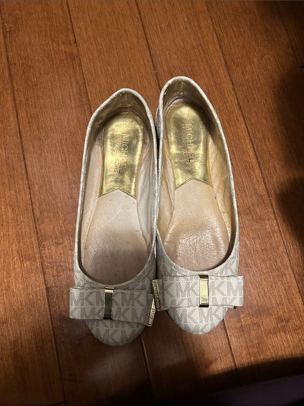Michael Kors Neutral Logo Bow Flats with Gold Accent